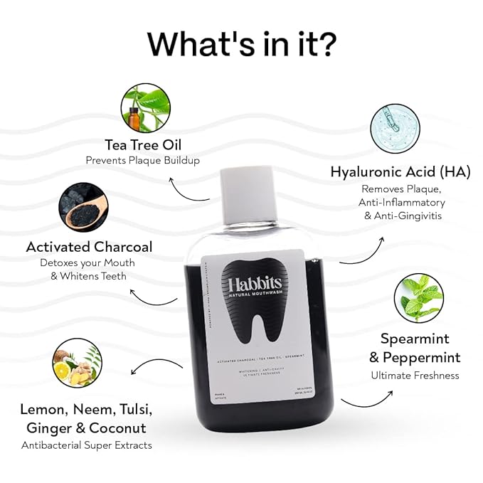 Habbits Teeth-Whitening Charcoal & Spearmint Natural Mouthwash | Vitamin C & E Mouth Freshener For Dental Hygiene & Fresh Breath | No Artificial Flavors & Colors | Alcohol Free Mouth Wash | Pack of 1 
