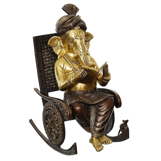 eCraftIndia Lord Ganesha Reading Book and Sitting on Rocking Chair Antique Look Handcrafted Premium Brass Figurine,Gold,One Size,BGG553