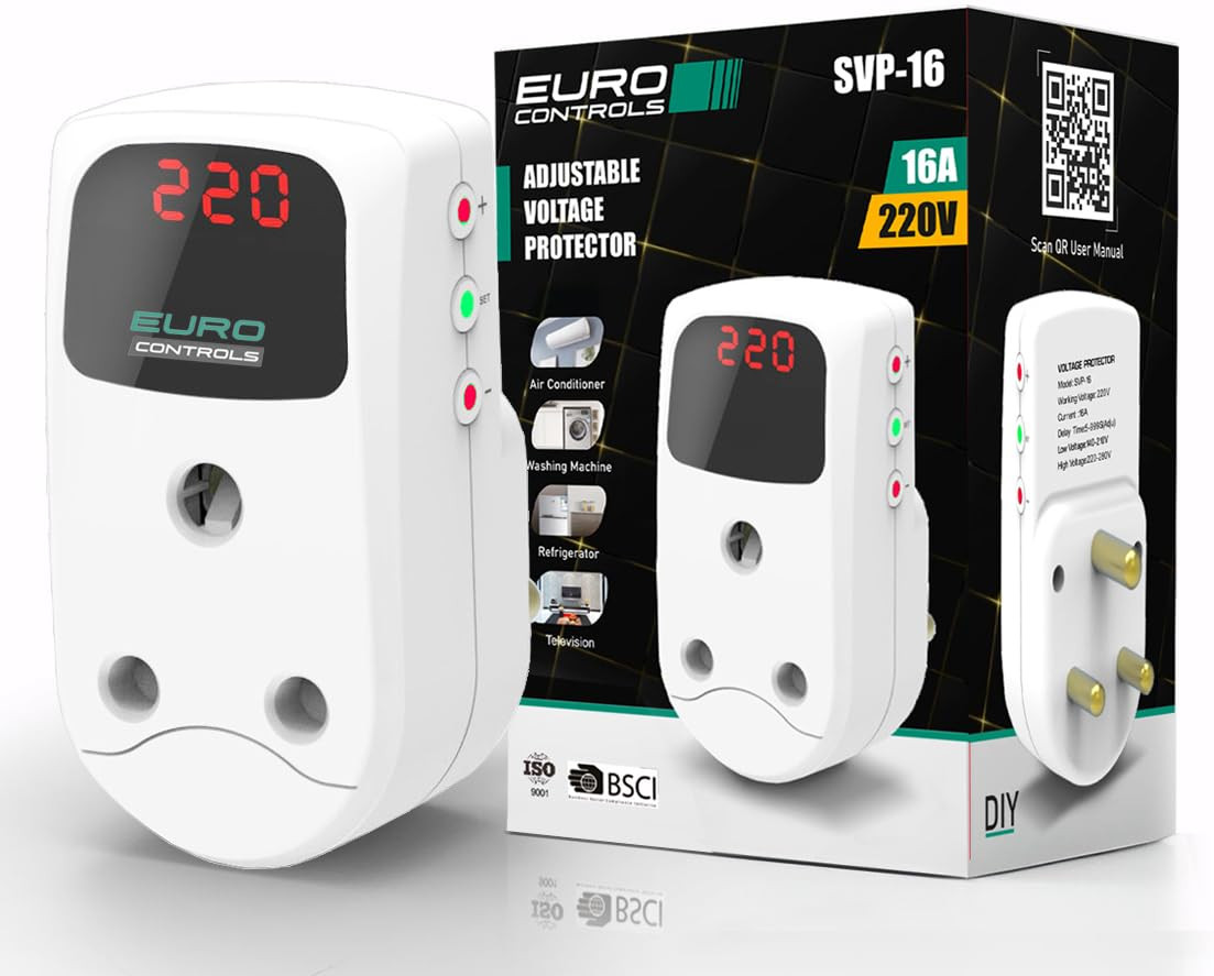 EuroControls Euro SVP-16 16 Amp Digital Adjustable Under/Over Voltage Protector & Spike Protector Socket Voltage Guard with Display Time Delay & India Compatible socket & Plug with auto recovery