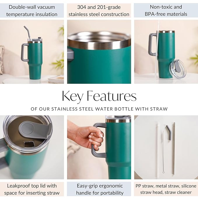 Nestasia 1.2L Tumbler with Handle Straw & Lid | Insulated Reusable Stainless Steel Water Bottle | Leak Proof Mug for Office, Gym, Travelling (Dark Green)