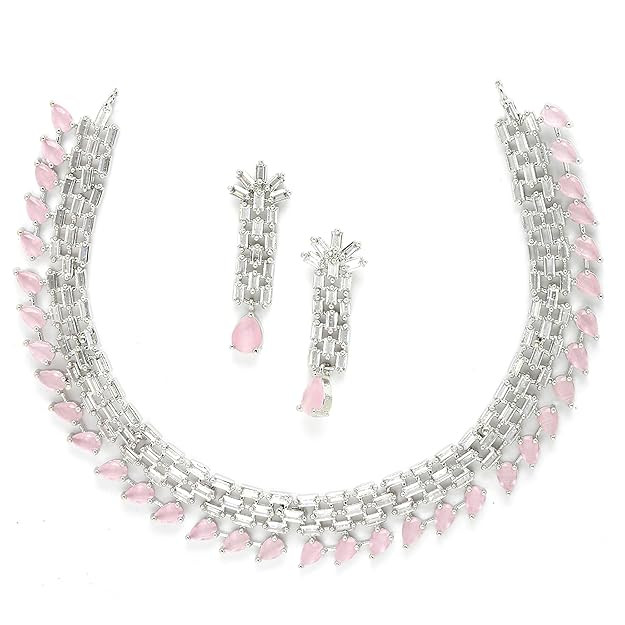 ZENEME Rhodium-Plated American Diamond Stone-Studded Necklace with Earrings Jewellery Set for Women & Girls
