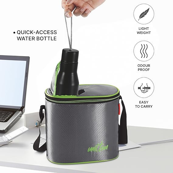 MILTON Arista Lunch Box (3 Microwave Safe Inner Steel Containers, 320 ml Each; 1 Stainless Steel Bottle, 475 ml) with Insulated Fabric Jacket, Grey