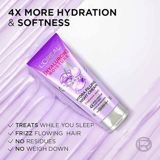 L'Oreal Paris Hyaluron Moisture Hydra Filling Leave-in Night Cream, Powered by Hyaluronic Acid, For Dry & Dehydrated Hair, Volume-180ml, Makes hair frizz-free, bouncy and hydrated for up to 72HR