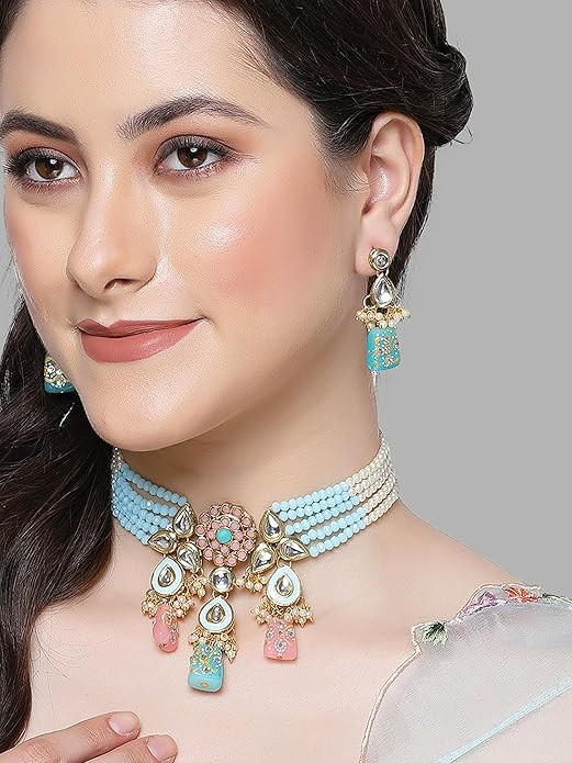 Karatcart Gold Plated Pink and Light Blue Beaded Kundan Jewellery Set for Women