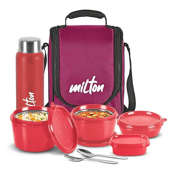 MILTON Pro Lunch Box with Steel Cutlery, 3 Microwave Safe Inner Steel Containers (180ml, 320ml, 450ml) Plastic Chutney Dabba 100ml, Steel Bottle 750ml with Insulated Bag, Office Tiffin,)