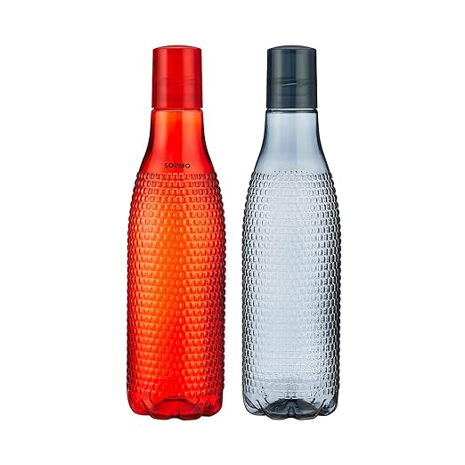 Amazon Brand - Solimo Checkered Plastic Water Bottles, Spill-Proof, 3.2 Cm Neck, Firm Grip (Set of 6, 3 Smoke and 3 Red)