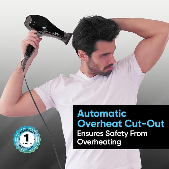 Vega VHDP-02 Professional Hair Dryer For Women & Men- (Pro Touch 1800-2000W) Cool Shot Button, 2 Heat