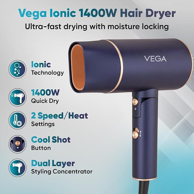 Vega Ionic 1400 Watts Foldable Hair Dryer for Men and Women, Quick & Fast Drying with Ionic Technology