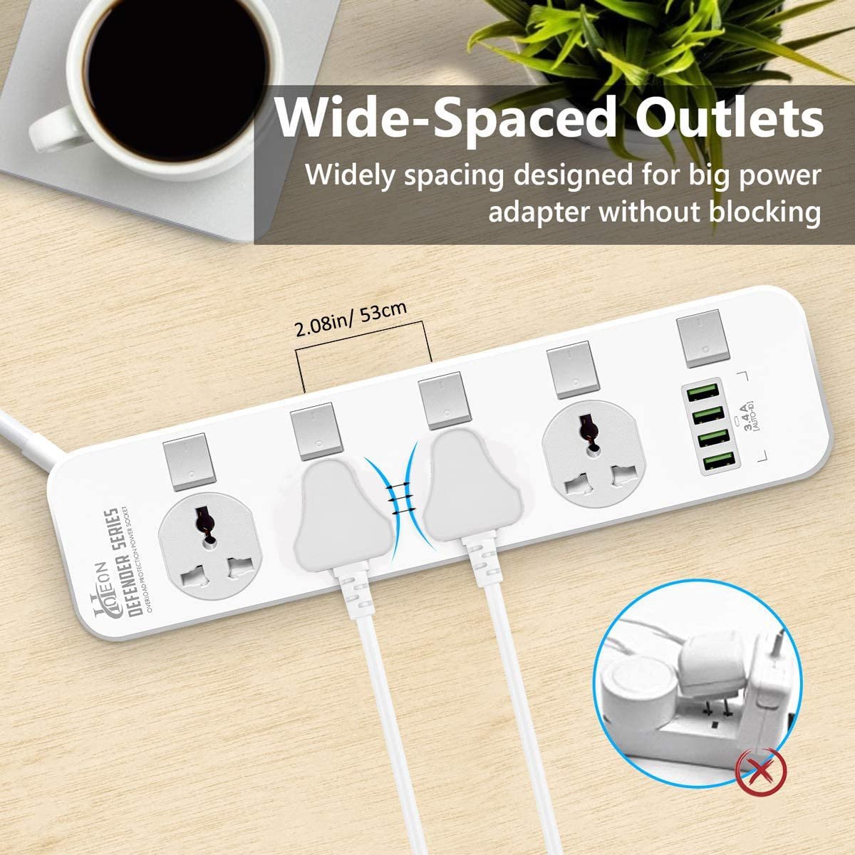 Hoteon 2500W Extension Board With Usb Slots, Individual Switch & Safety Shutter, 4 Usb Ports(3.4A) 4 Way Outlets Power Strips With Universal Sockets And 2M Extension Cord (3-Pin, White), 250 Volts