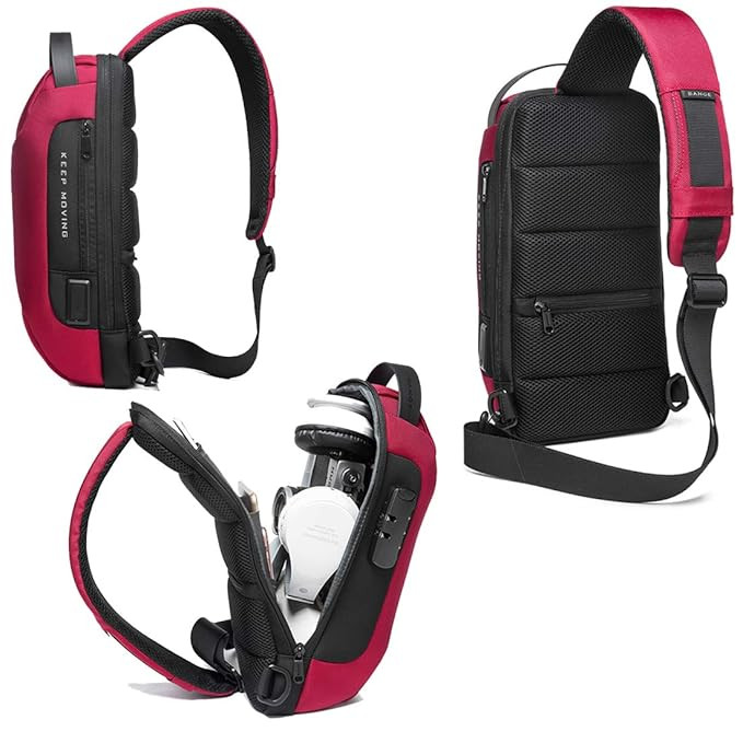 BANGE Unisex Adult Multifunctional Polyester Material Water Resistant Sling bag with USB Charging (Red)