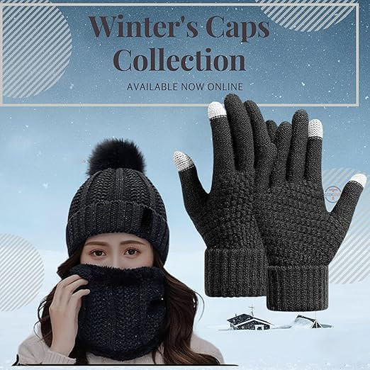 X-LENT Winter Pom Pom Beanie Hat & Touchscreen Gloves Set - Warm, Soft Beanie Cap with Touchscreen Gloves | Ideal for Cold Weather, Sports, & Casual Wear