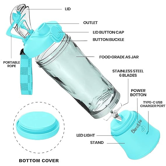 BlendLife Ultra Waterproof Portable Blender For Juices, Shakes, Smoothies. Pulse Mode Feature, LED Lights, 230W, 4000mah Battery. Sipper & Carry Handle, Convertible Jar 600ml - Blue (1-Year Warranty)
