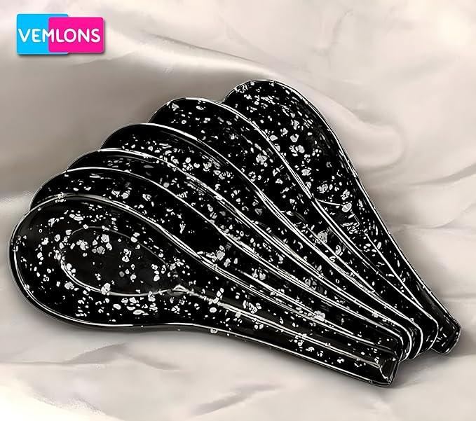 Vemlons Soup Spoons/Soup Spoon Melamine Set of 6 Microwave Safe-Pack of 6/Soup Spoon, Spoon Set(14cm)(Black..