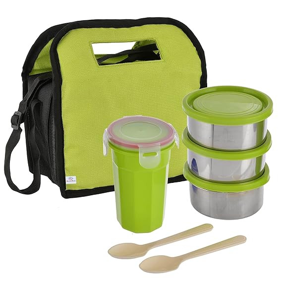 MILTON Arista Lunch Box (3 Microwave Safe Inner Steel Containers, 320 ml Each; 1 Stainless Steel Bottle, 475 ml) with Insulated Fabric Jacket, Grey