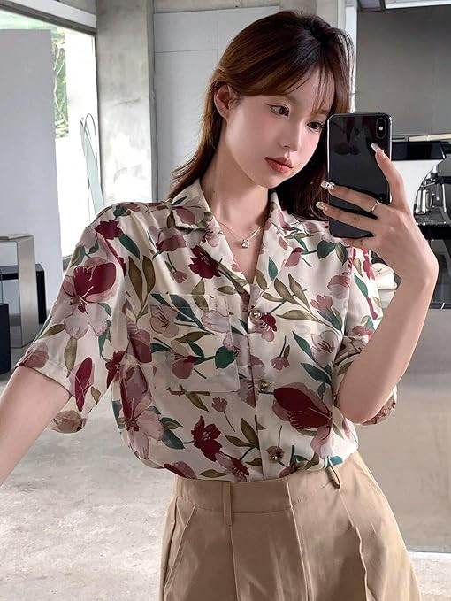 Leriya Fashion Women's Short Sleeve Button-Down Shirt | Printed Casual Crop Top | Stylish Collared Shirt for Women | Oversized Shirt for Woman