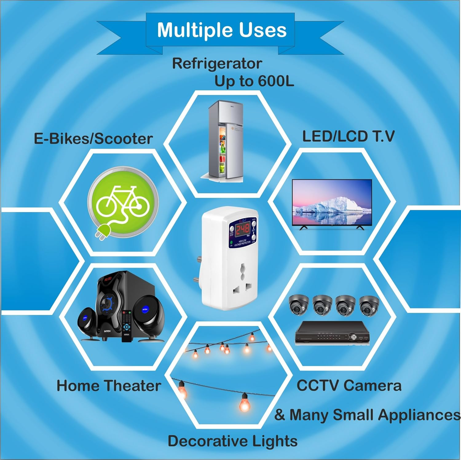 ELEQUA Digital High, Low Voltage Cutoff/Protector/Safty (Adjustable setting) Plug Socket 6AMP With Surge Protection Upto 4000 Volts,Made in India, corded_electric, White