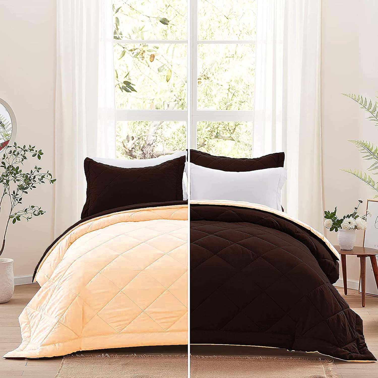 AEROHAVEN 220 GSM Microfiber All-Weather Solid Reversible Comforter AC Quilt Blanket - (Double-90 x100, Coffee Brown and Beige)