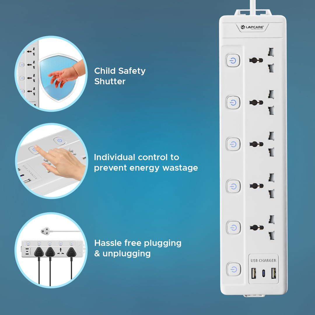 Lapcare Smart Surge Protector with Individual Switch, 250 Volts Extension Board, 5AC Socket 2500W, PD 20w & 2xUSB, 1.5M Copper Cord, Overload Protection, Safety Shutter, Durable PP Body