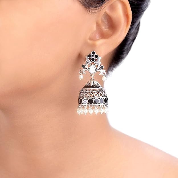 Voylla Brass Silver Oxidised Plating Rangabati Pink Embellishments Jhumka Earrings with Pearl Beads for Women and Girls