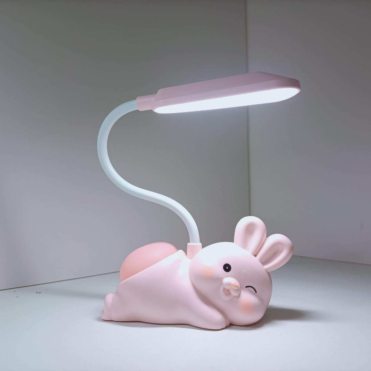 MACVL5 Plastic Desk Lamp for Kids|Cartoon Bunny Shaped with Night Light for Study Table, Bedroom, Study Room (Pink), LED
