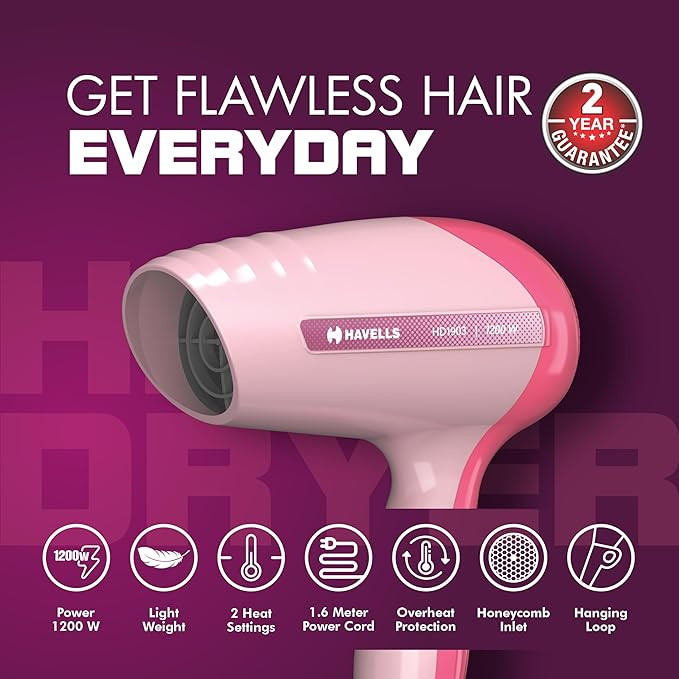 Havells 1200W Powerful Hair Dryer|Overheat Protection|2 Heat Settings (Hot/Warm)|Heat Balance