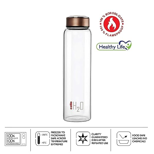 ELLCO H2O Borosilicate Glass Water Bottle (Clear, 1000 ml, Copper, Pack of 1 Bottle)