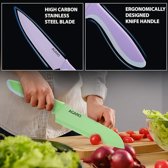 AGARO Royal 6 Pcs Coloured Kitchen Knife Set with Covers, High Carbon Stainless Steel Professional Chef Knife I Bread Knife I Santoku Knife I Utility Knife I Butter Knife I Slicing Knife Set for Kitch