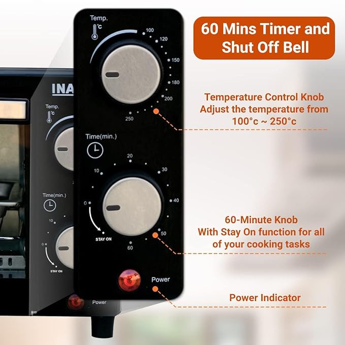 Inalsa Oven MasterChef 10BK OTG (10Liters) with Temperature Selection 800 W, Powder Coated Finish, Includes Baking Pan, SS Grill Tray, Hand Glove (Black, Silver) 800 watts