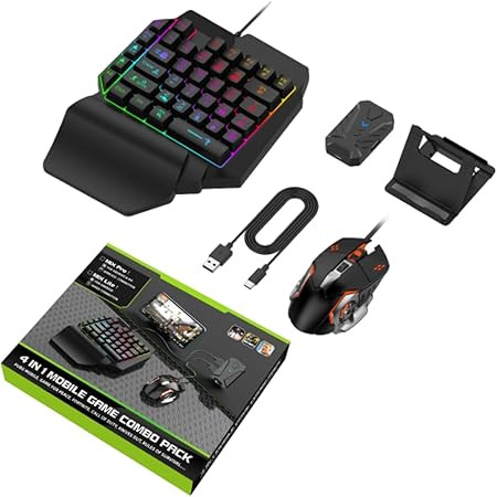 One Handed Gaming Keyboard and Mouse, 4 in 1 Mobile Game Combo Pack, Half Keyboard for Phone Gaming Controller with Mouse Converter Adjustable Phone Stand