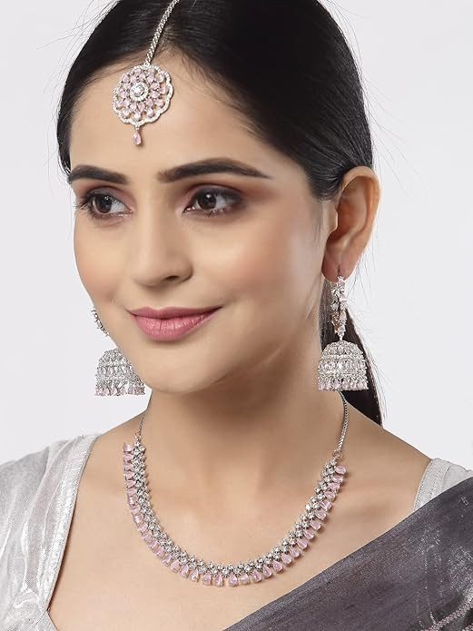 ZENEME Jewellery Sparkling American Diamond Collar Necklace with Designer Jhumka/Jhumki Earrings Maang Tikka for Women and Girl