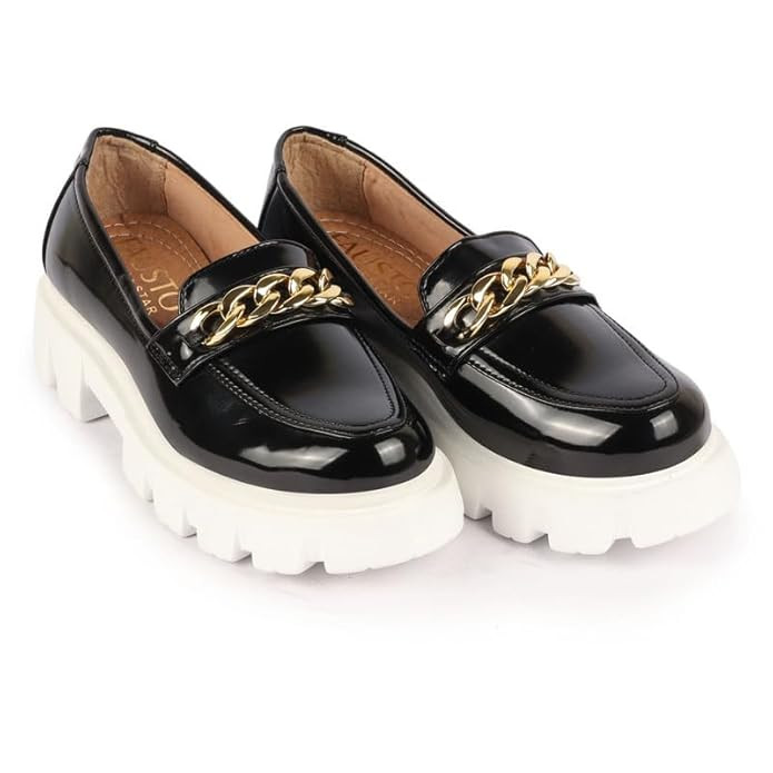 FAUSTO Women's Patent Leather Shiny Chain Buckle Classic Casual Slip On Loafer Shoes