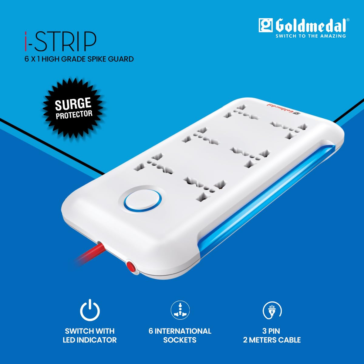 Goldmedal i-Strip LED High Grade Spike Guard (White and Red) – Pack of 1, 6 Outlet International Socket, master Switch, 3-pin 2 meter Cable, Indicator with Surge Protector for Home & Office