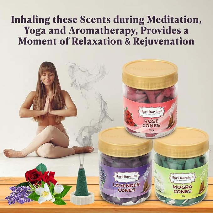 Hari Darshan Dhoop Cones Combo Pack of 3 Fragrance | Mogra | Lavender | Rose | 125g Each Pack | Organic Dry Dhoop Cones | Long Lasting Fragrance for Daily Pooja,Meditation and Yoga