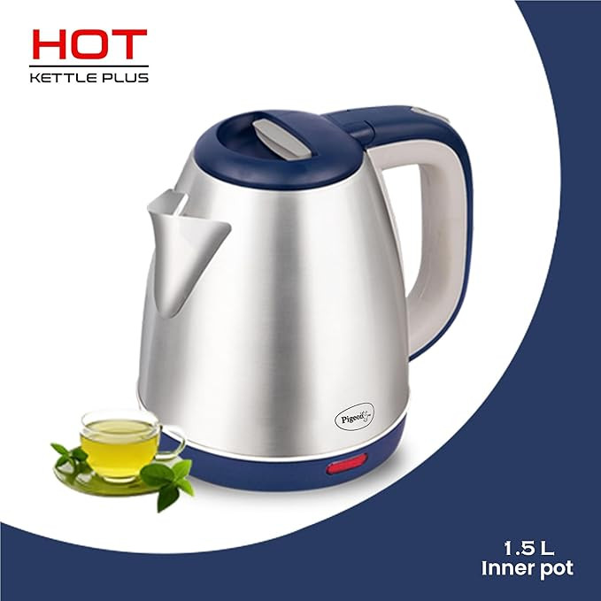 Pigeon by Stovekraft Hot Plus Electric Kettle (16246) with Stainless Steel Body, 1.5 litre, used for boiling Water, making tea and coffee, instant noodles, soup etc. (Blue)