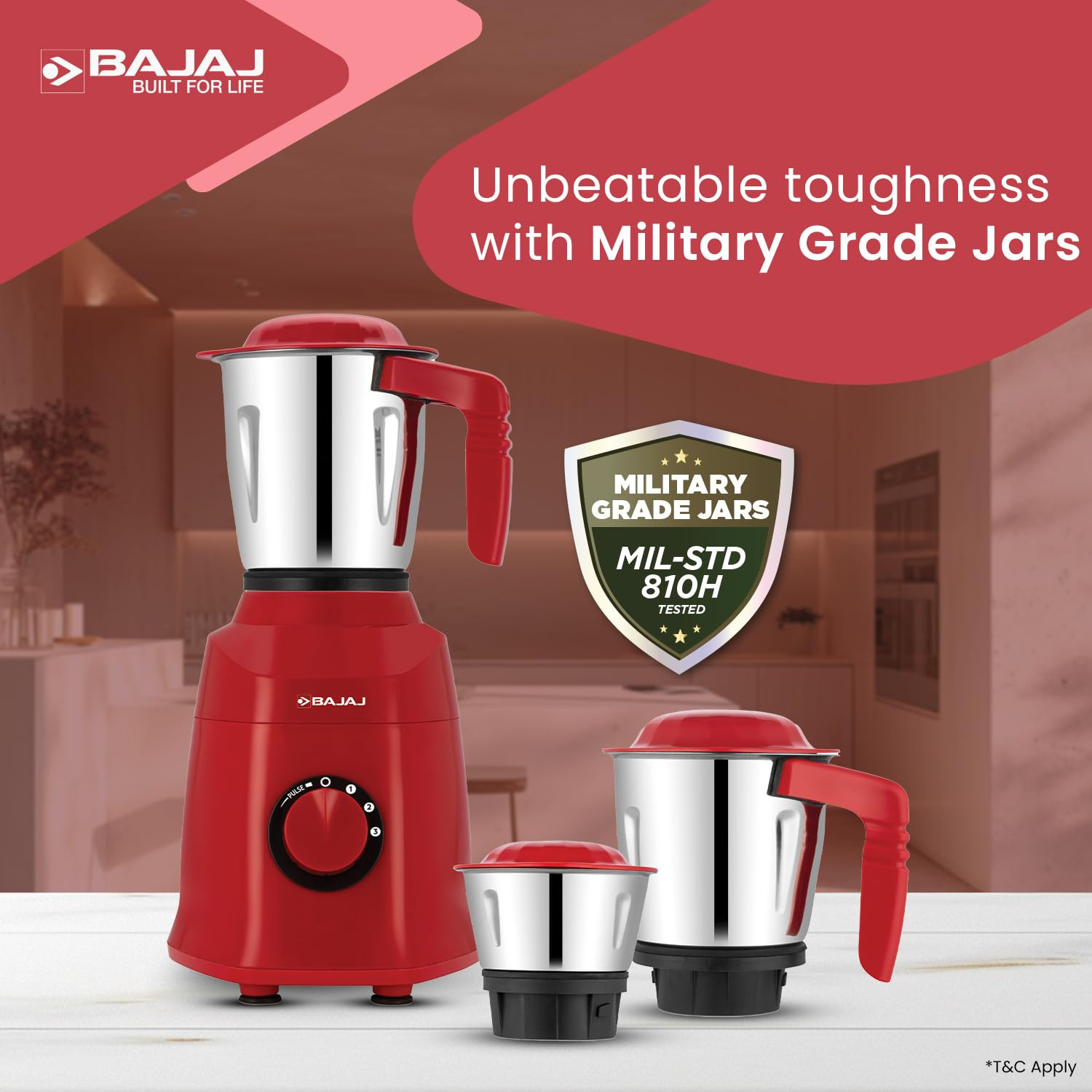 Bajaj Military Series Eclipse 4 Jar 750W Mixer Grinder | DuraCut Blades | 2 In 1 Function Blade | 2 Yrs Warranty 【Red Rage】