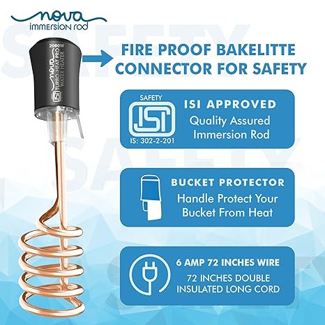 Nova Water Heater 2000W Shock Proof Immersion Rod with Rapid Heating Coil Technology | Copper & Nickel Plated with Extra Long Wire | ISI Certified 1 Year Replacement Warranty