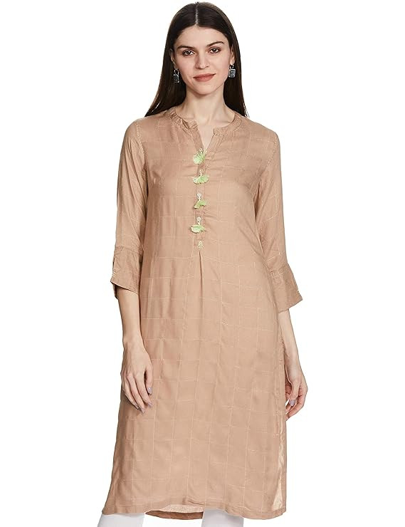 BIBA Womens Mandarin Collar Checked Kurta