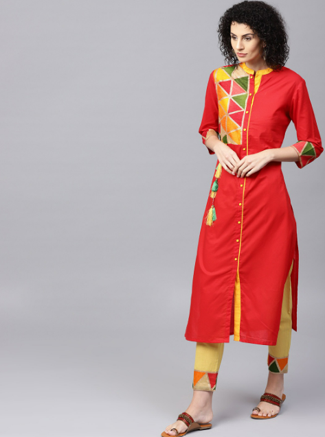 Red Yoke Design Pure Cotton Kurta with Trousers