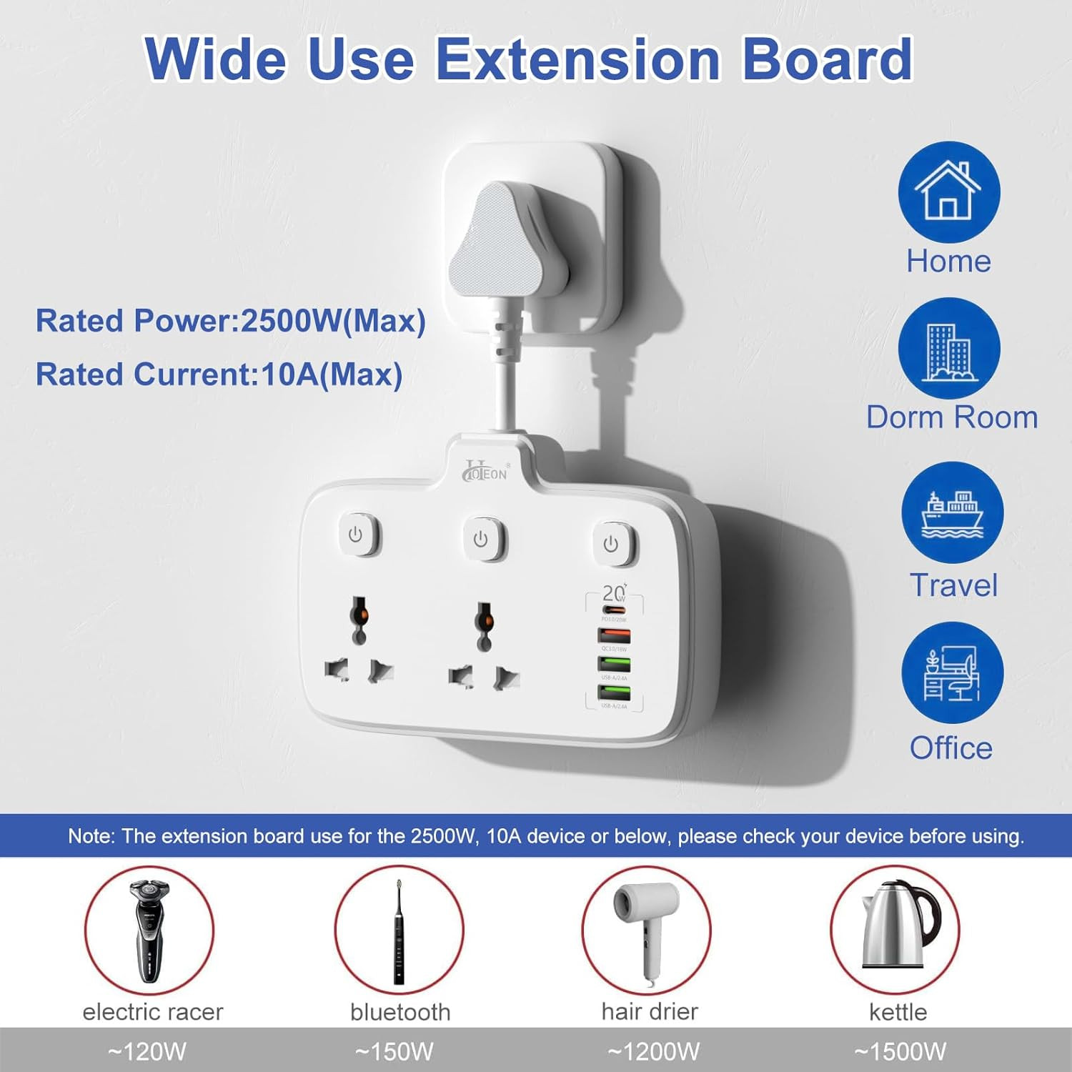 Hoteon Extension Board, Individual Switch Power Strip with 20W Fast PD/Type C, 2500W 10A Extension Cord with 2 Universal Socket, 1 QC3.0 Port & 2 USB-A, Surge Protection for Home