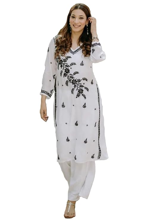 GoSriKi Women's Cotton Blend Chikankari Embroidered Straight Kurta