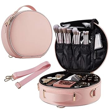 Seagull flight of fashion Cosmetic Bag, Makeup Organizer Bag for Home & Travel,Vanity Bag with Dividers for Brushes,Toiletries, Cosmetics 28 x 25 x 9 cm - Rose Gold Round PU