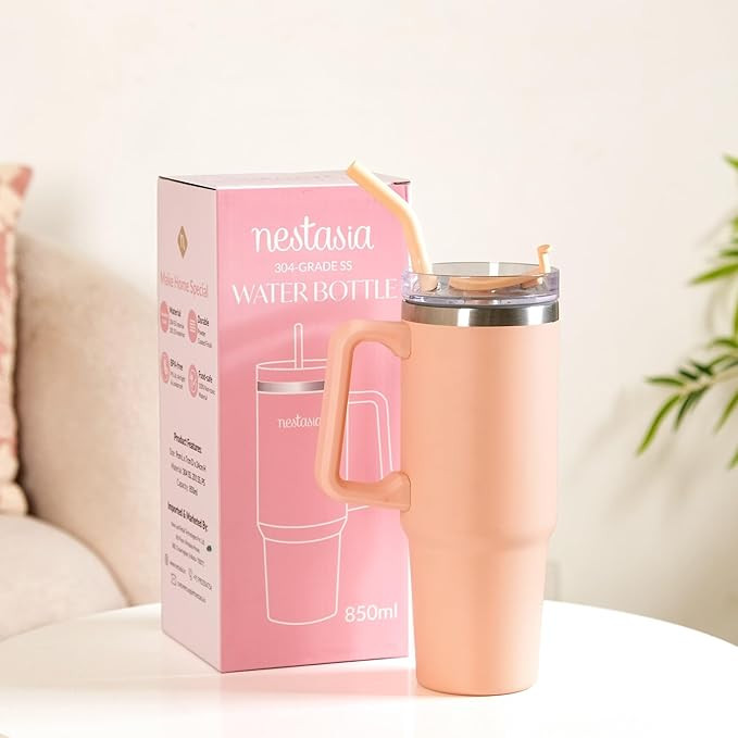 Nestasia 850ml Tumbler with Straw and Cleaner | Stainless Steel Insulated Water Bottle, Double Wall Vacuum, Leakproof | Keeps Drinks Hot or Cold for Office, Home, Gym, Travel (Peach)