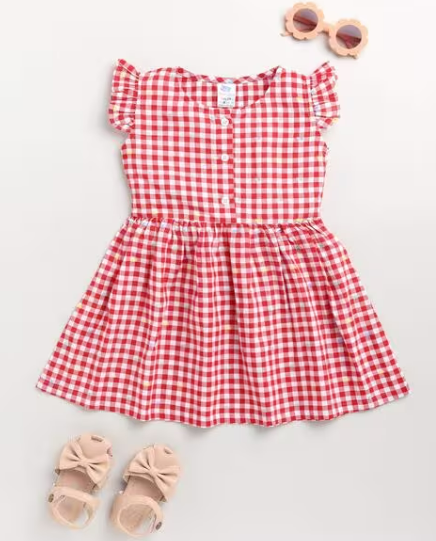 Pure Hugs Baby Girl's Cotton Checks Printed A-line Frock