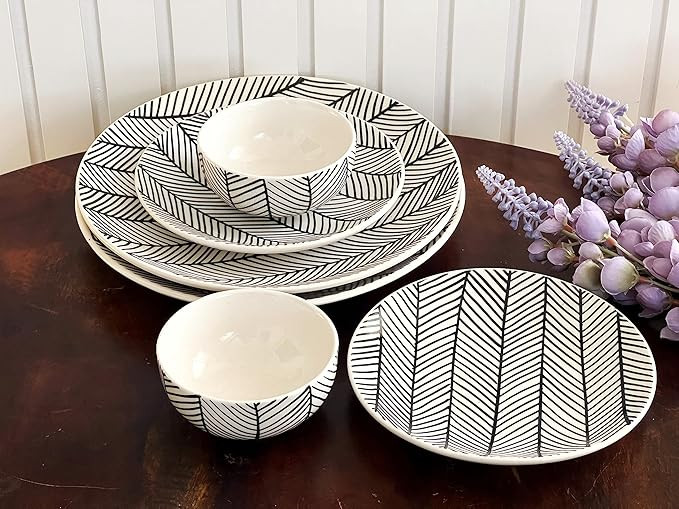 Praahi Lifestyle Ceramic Dinner Set | Handpainted Black & White Chevron | Serves 6