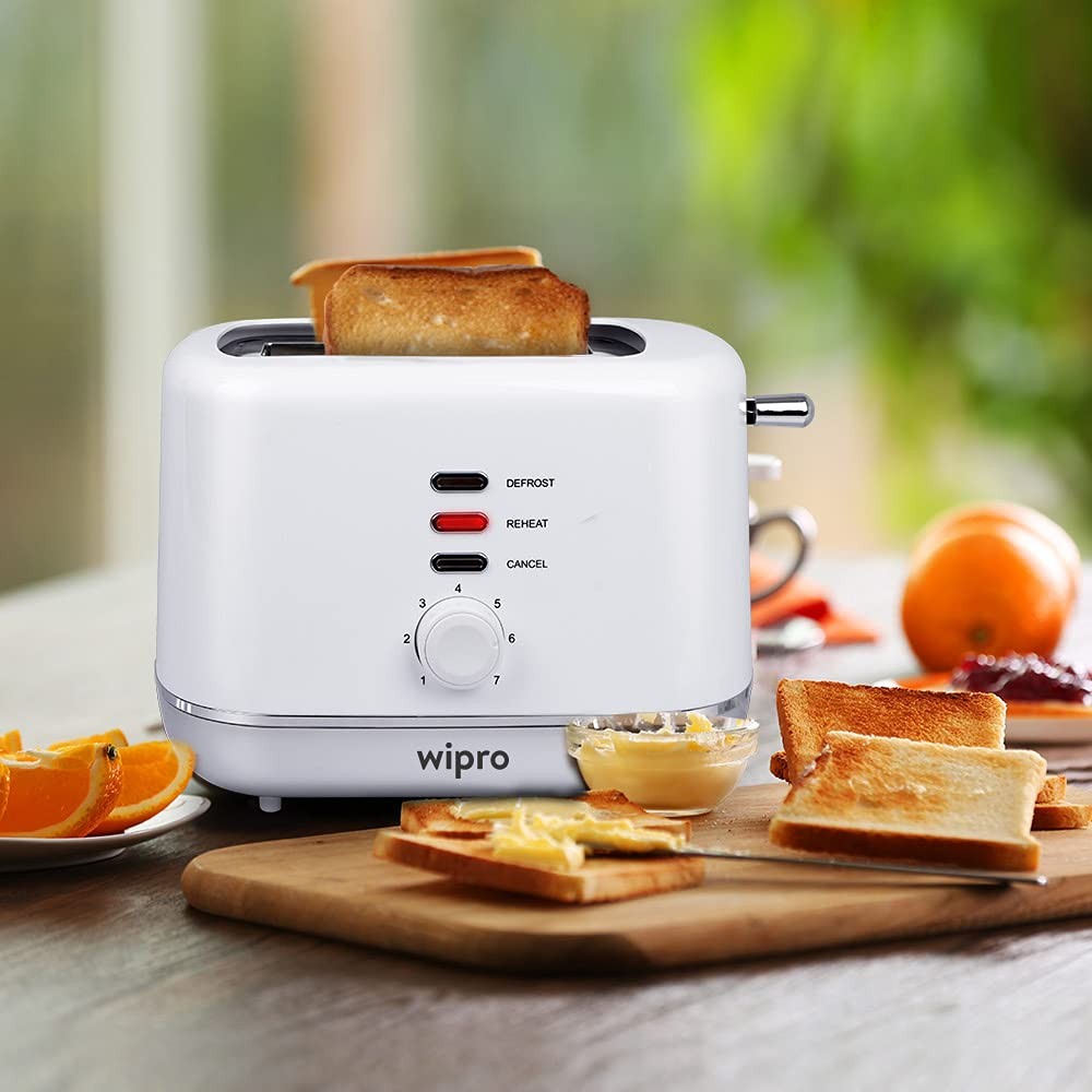 Wipro Vesta Bread Toaster 800 Watts Auto Pop up with Removable Crumb Tray, 7 Browning Levels with Defrost and Pre Heat Function (White), Standard (VA021020)