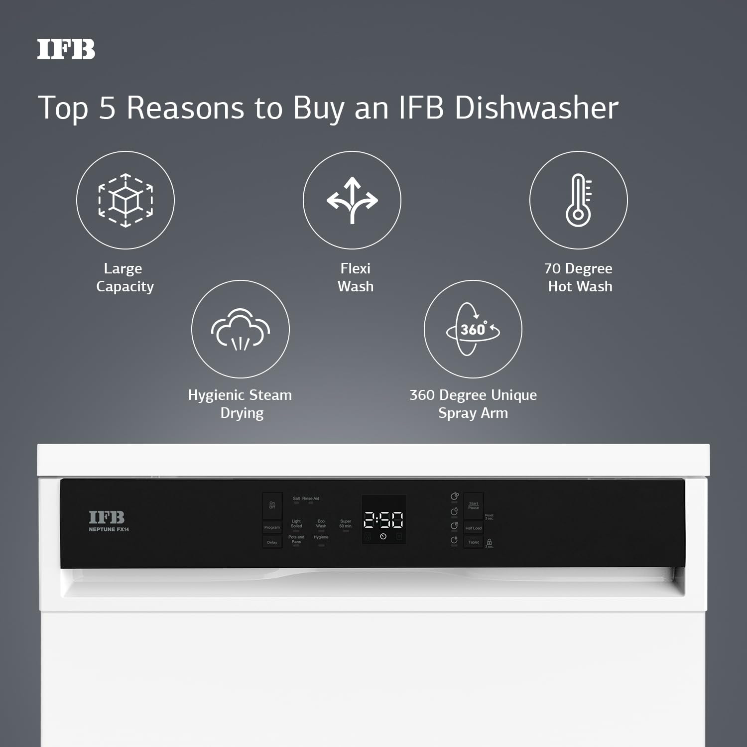 IFB 14 Place Settings 70 degree Hot wash Dishwasher (Neptune FX14, White, 360 Degree Spray Arm, Washes from Kadhai to Crockery)