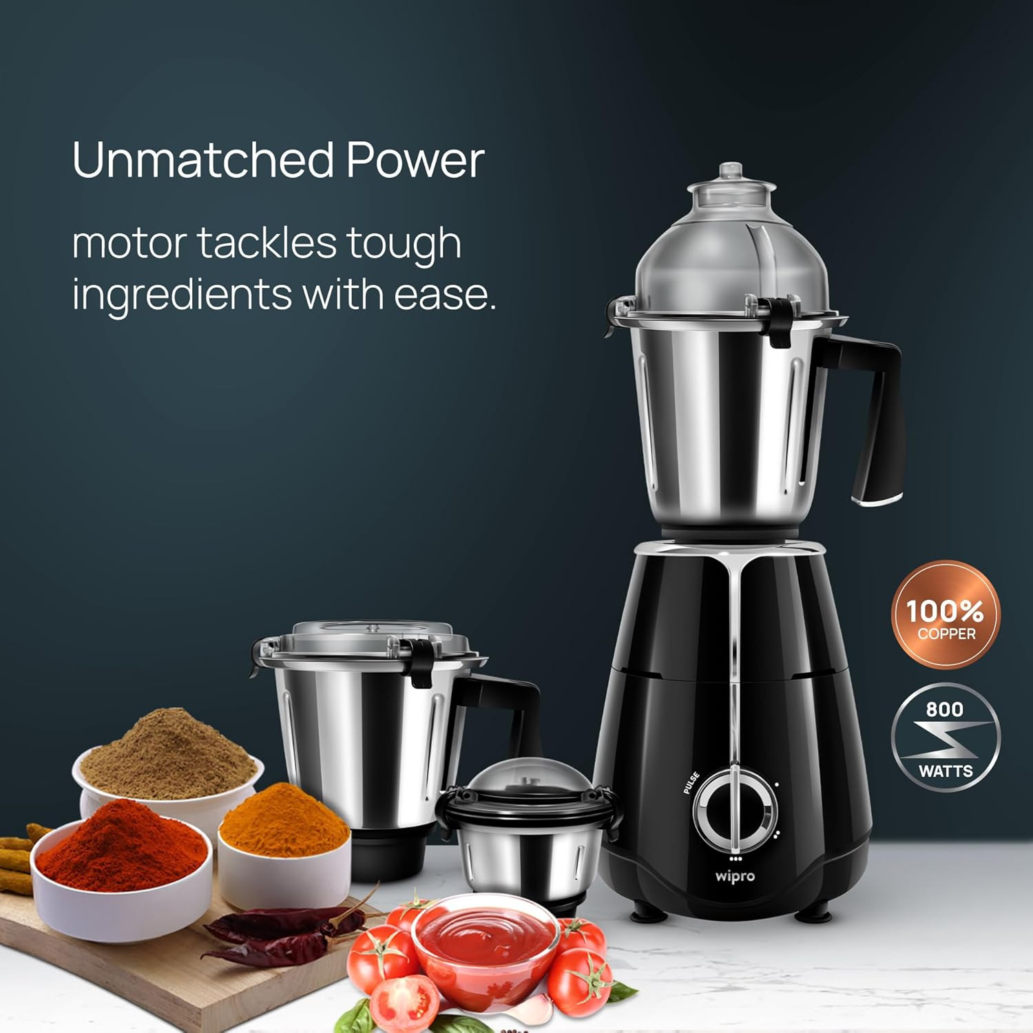 Wipro Elato FMG209 800 Watt Mixer Grinder with 4 Jars,Heavy Duty 100% Copper Ball Bearing Motor with 5 Year Warranty,Superfast Grinding,Clip Lids - Hands Free use, 4 Jars Mixer Grinder 800 Watt,Black