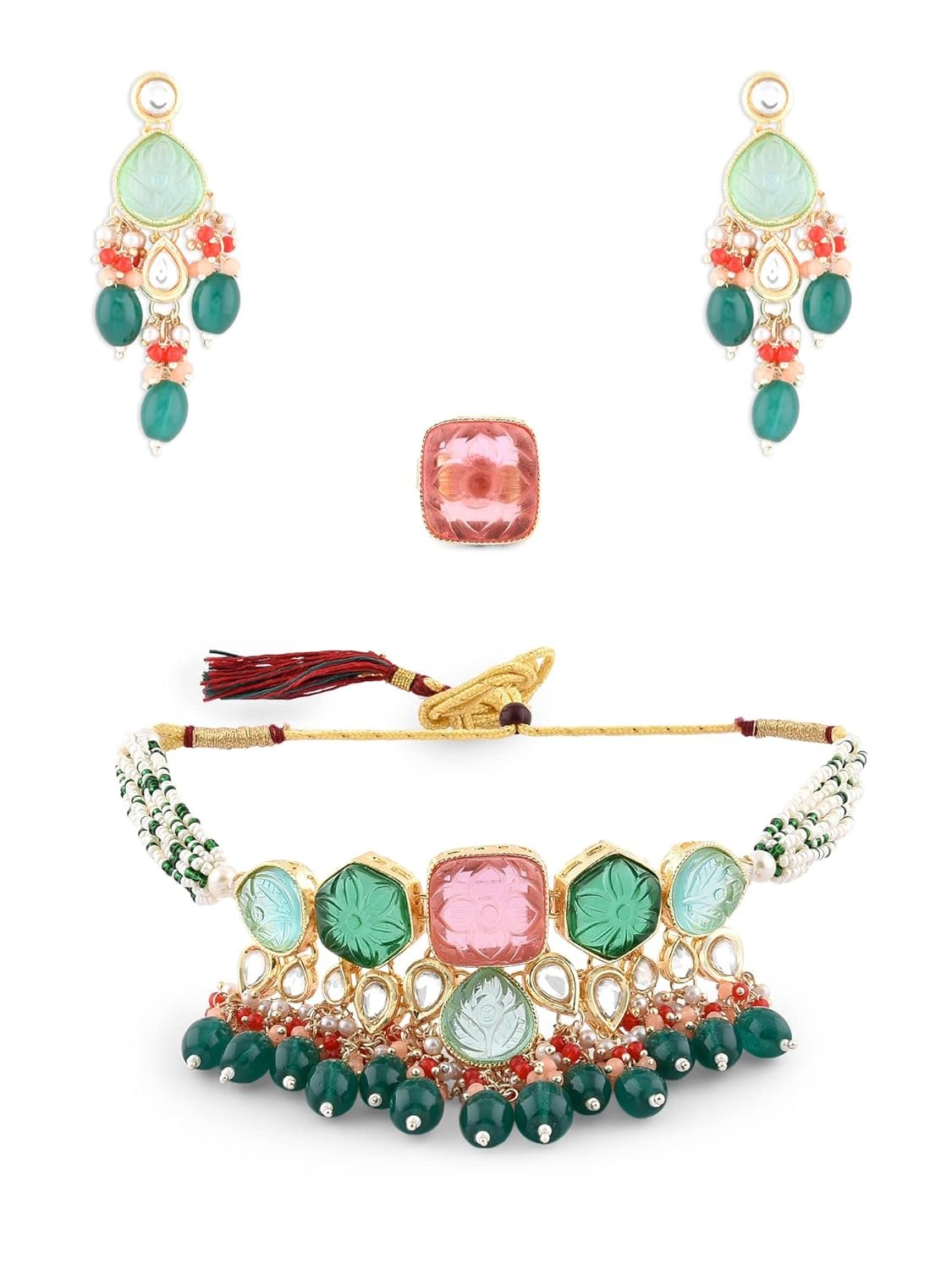 ZAVERI PEARLS Multicolor Stones & Beads Multistrand Beaded Kundan Choker Necklace Earring & Ring Set For Women