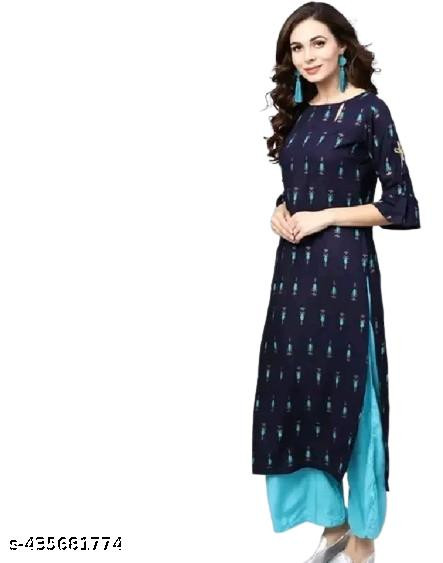 Jaipur Women Printed Rayon 3/4 Sleeve Keyhole Neck Calf Length Straight Kurta (Blue-P)