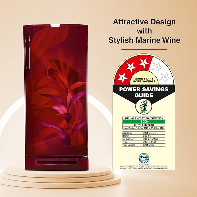 Godrej 234 L 3 Star 24 Advanced Capillary Technology Direct Cool Single Door Door Refrigerator With Base Drawer (RD EDGEPRO 240C TDF MN WN, Marine Wine)